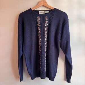 Vintage Womens Cozy Embroidered Floral Sweater Cottagecore 90s Knit Size Small